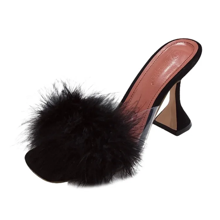 2020 Summer European and American  Transparent Square Crystal Spool Heels High Heels Slippers Shoes Large Size 41 fur slides