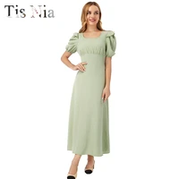 ladies tight fitting solid color square collar dress summer short sleeved long skirt party party sexy long skirt mint green