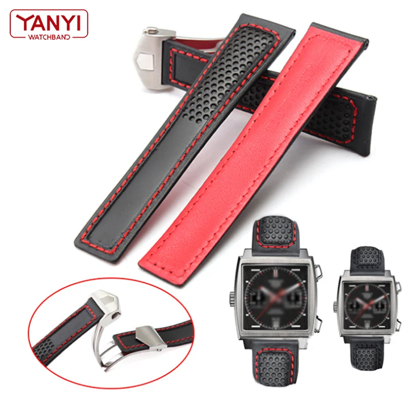 Genuine Leather Strap 22m for ta-g he-uer F1 watchband Red stitches wristwatches band fold buckle leather watch bracelet