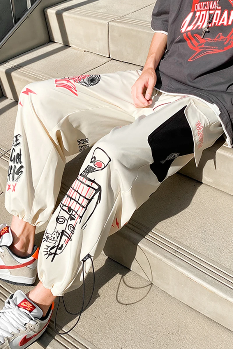 

Men's Summer 2021 New Hong Kong Style Loose Leisure All-Matching Printed Drawstring Cropped Pants