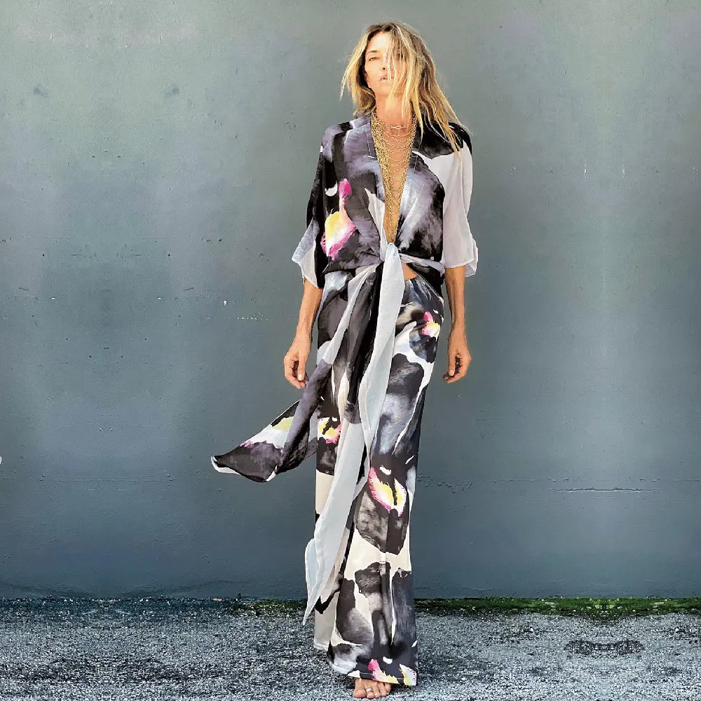 

2021 Black Kaftan Boho Printed Chiffon Bikini Cover-ups Plus Size Beach Wear Kimono Dress Women Summer Swimsuit Cover Up A796