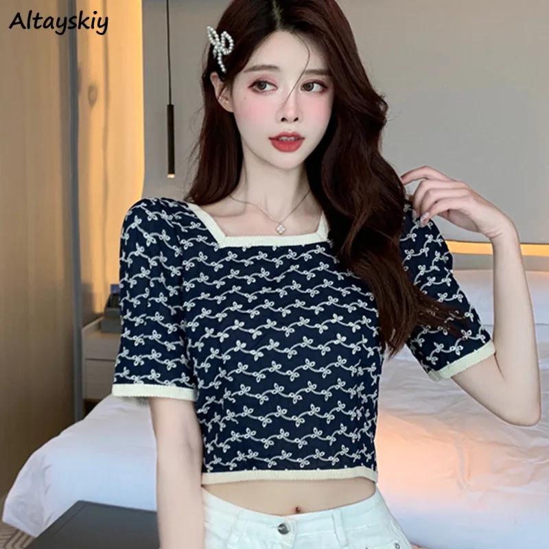 

Design Shirts Women Hook Flower Hollow Floral Square Collar Summer Crop Tops All-match Short Puff Sleeve Blouses Ulzzang Female