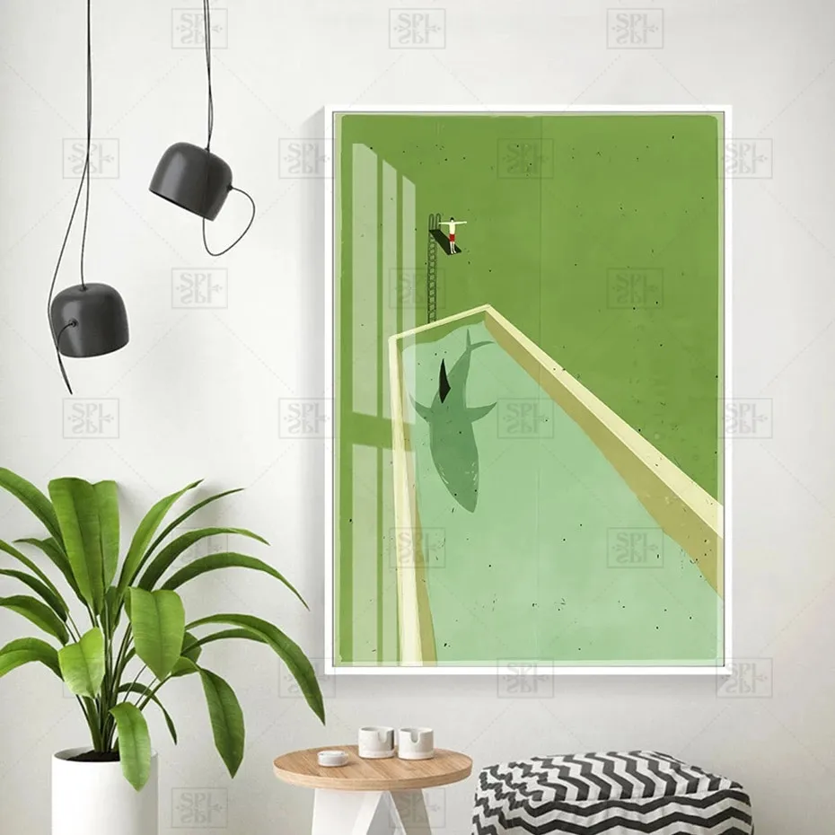 

Abstract Canvas Painting Green Shark Diving Poster Print Scandinavia Wall Art Pictures for Living Room Home Decoration No Frame