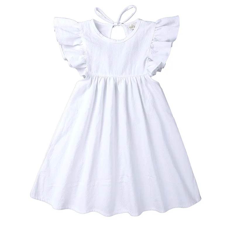 

Kids Dresses For Girls 2021 Summer New Girls Linen Cotton Flying Sleeve Lace Casual Princess Dress Lace Skirt