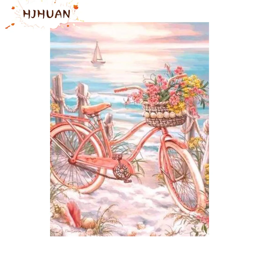 

Алмазная 5D картина «сделай сам», абстрактная вышивка крестиком с изображением морской лодки, цветов, велосипеда, мозаика для творчества, ст...