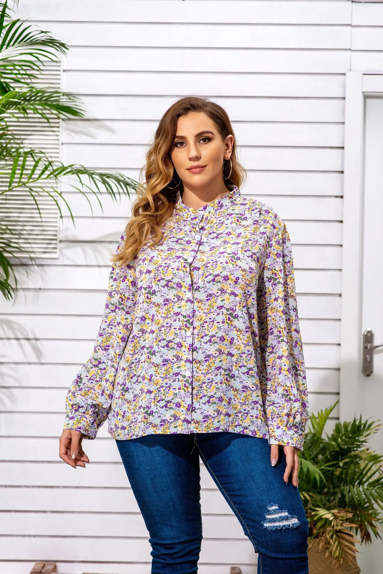 

Fashion Official Women Blouses Lady Floral Print Tops Turn-down Collar Long Sleeve Buttons Shirts High Street