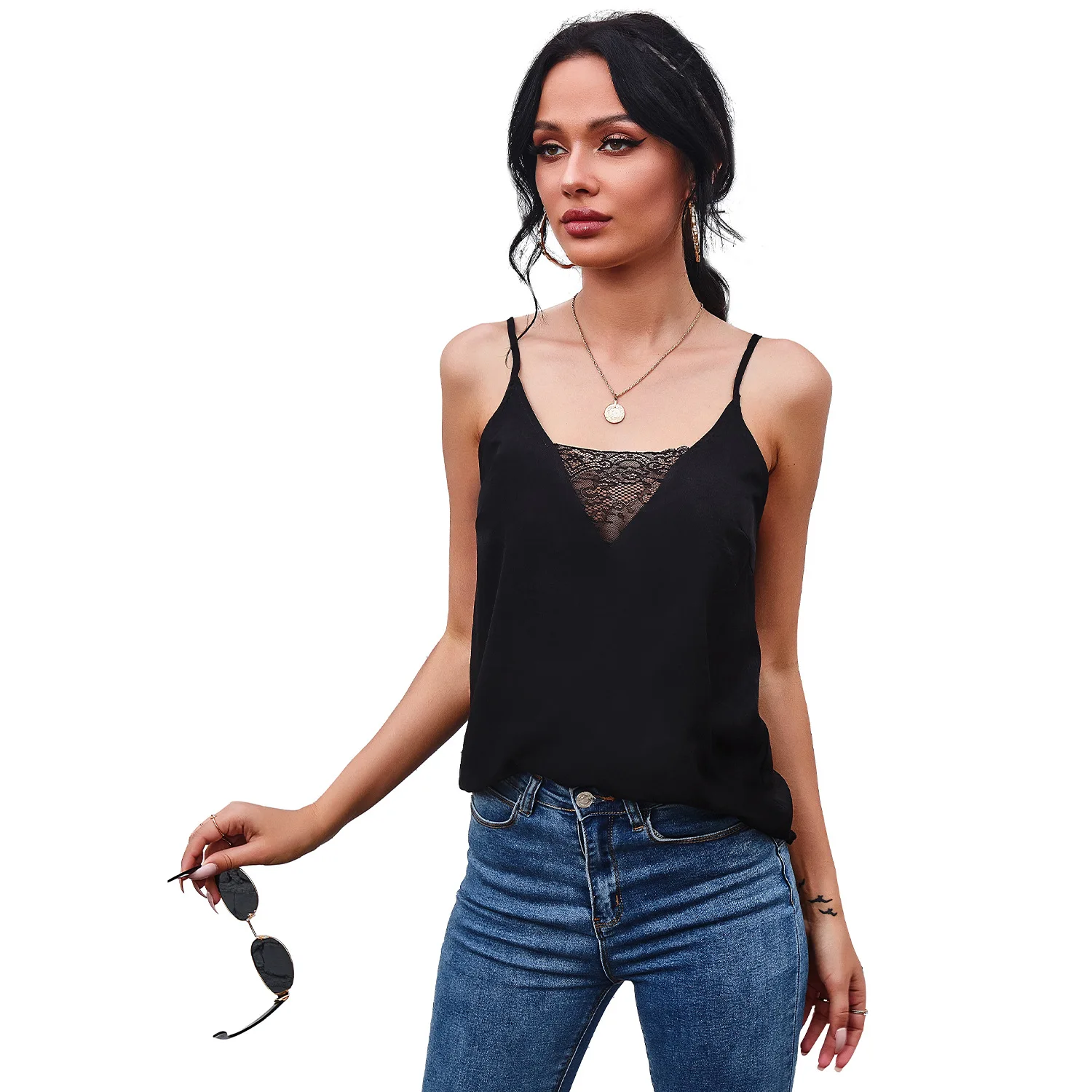 

Modern Spaghetti Strap Tank Tops Mujer Lacework Black Top Sexy Loose Waist Camisoles Casual Backless Sleeveless Shirts for Women