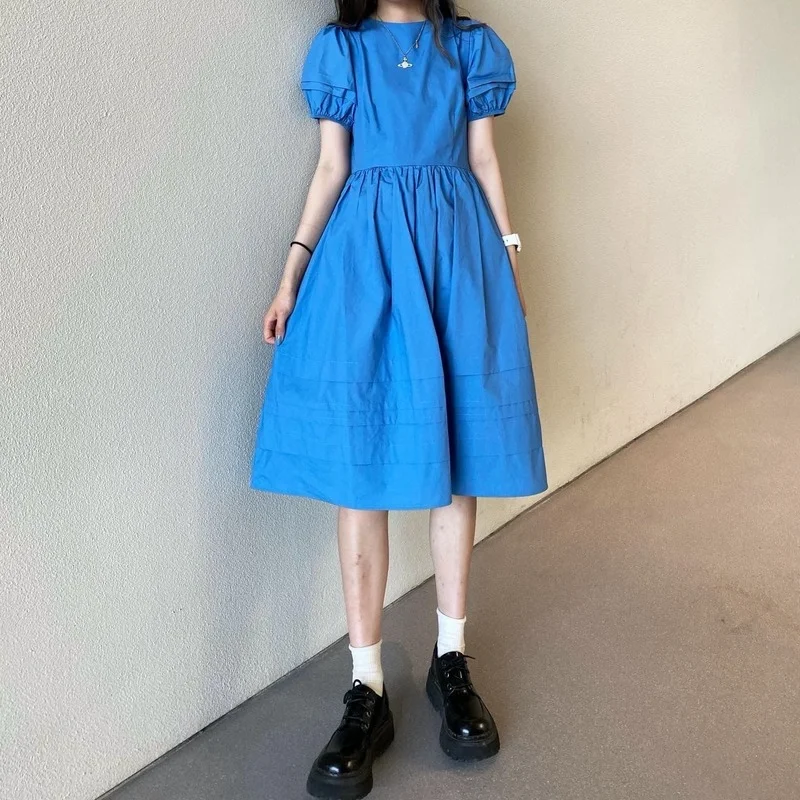 Платья Женские однотонные Ulzzang Простые Летние универсальные с пышными рукавами