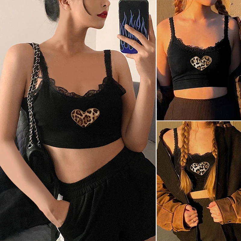 

Patchwork Punk Grunge Lace Women Crop Tops Leopard Sleeveless Sexy Streetwear