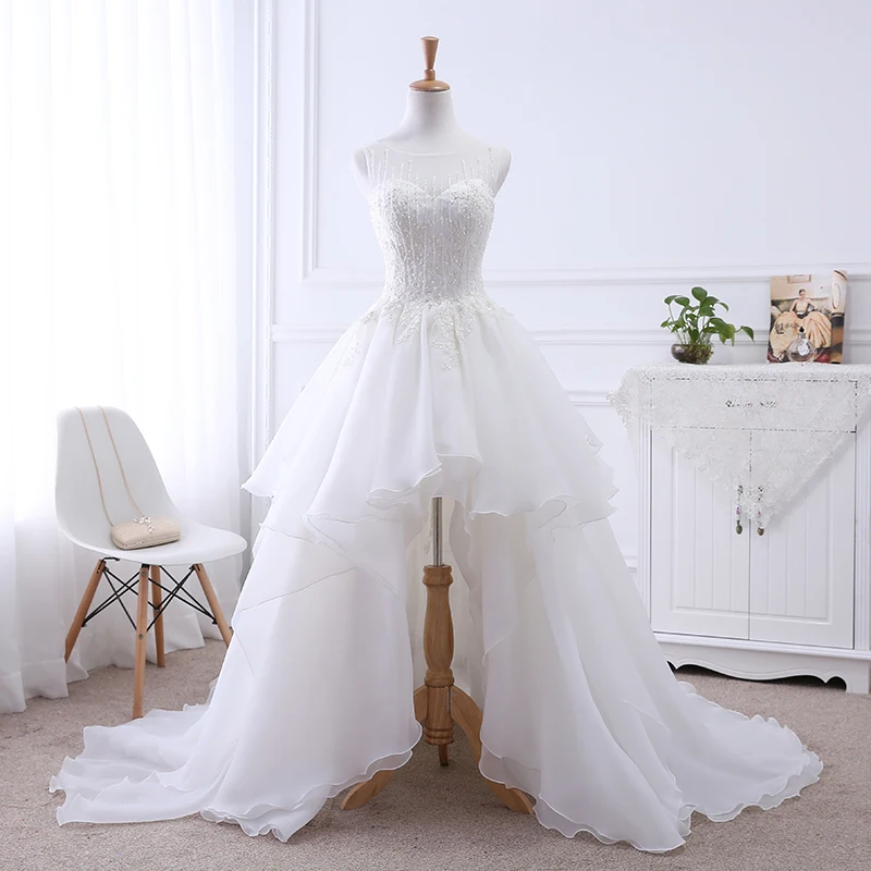 2020 Новое Короткое свадебное платье с круглым вырезом спереди и длинной спинкой