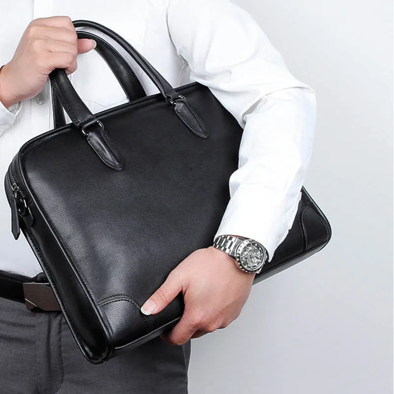 Luufan Men Business Briefcase Black Genuine Leather 14