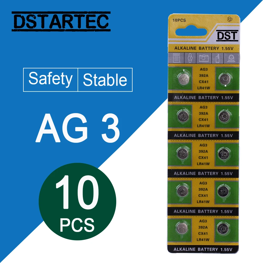 

10pcs/card 30mAh 1.55V AG3 392A L736 LR41 392 384 SR41SW CX41 192 AG 3 Button Batteries For Watch Toys Remote Cell Coin Battery