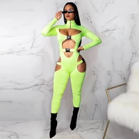 soild sexy hollow out fitness jumpsuit women stand collar full sleeve zipper one piece overall 2022 autumn party club bodysuits