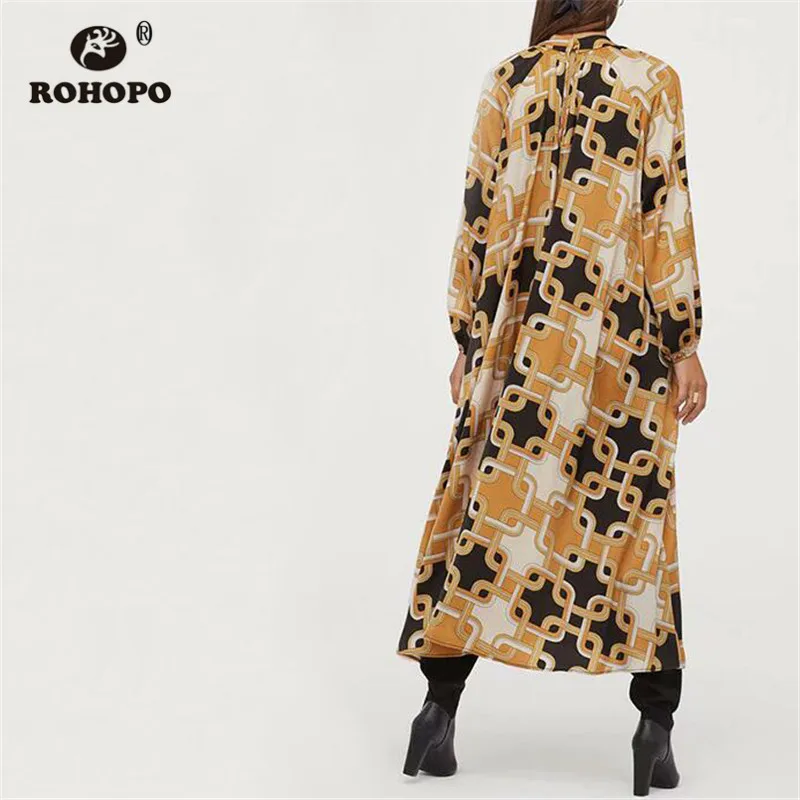 ROHOPO круглый воротник длинный рукав цепочка принт винтажное платье миди топ сзади