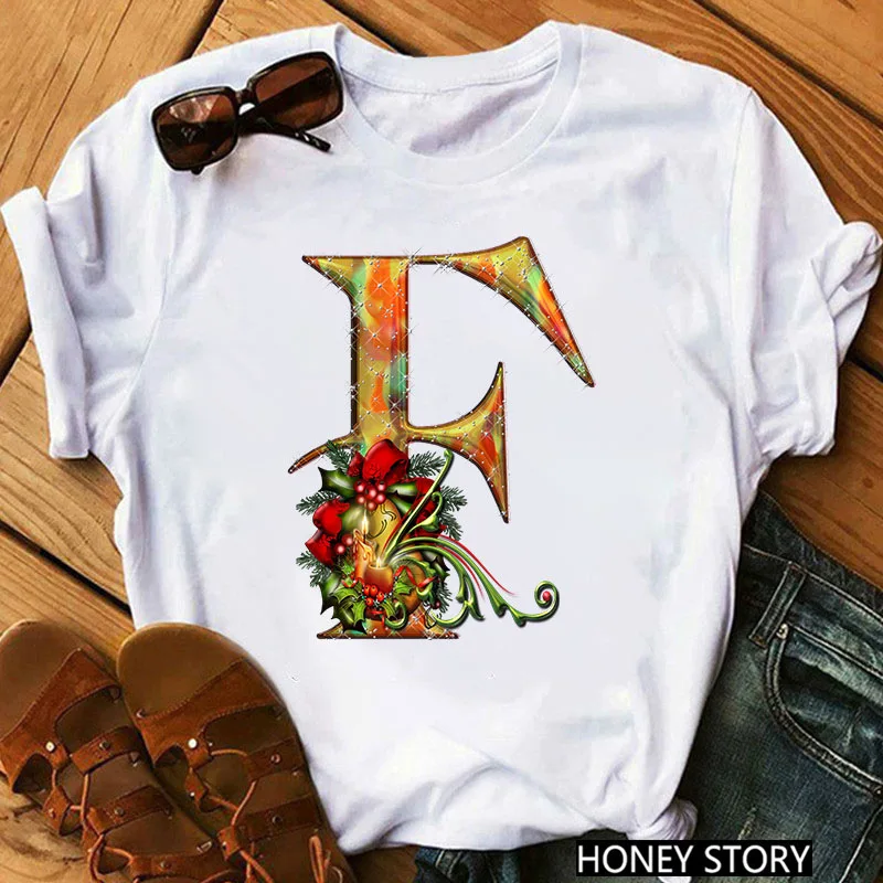 

2021 New Style T-shirt Printed English Letter Floral T-Shirt Pattern 26 Gold Letter Floral T-shirt Summer Short Tee Top Clothing