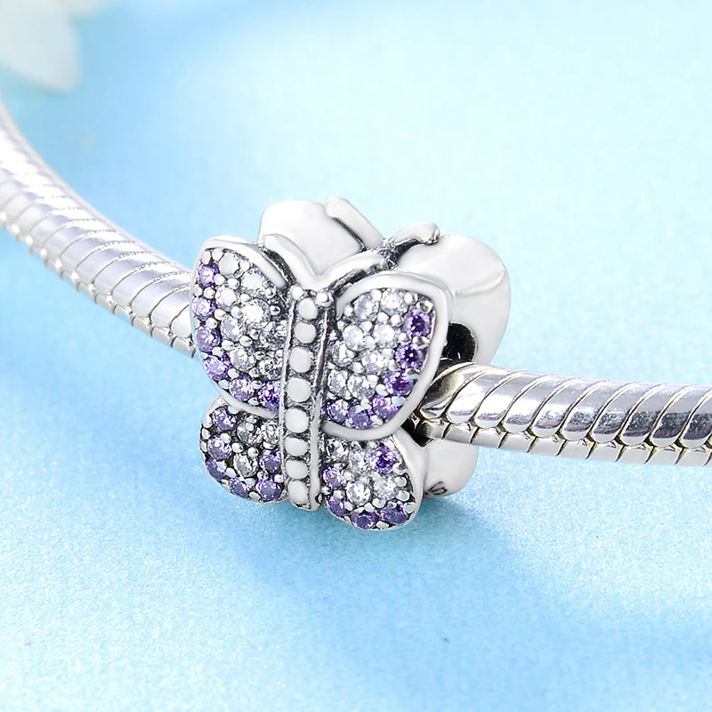 Бусина-Шарм Бабочка из серебра 925 пробы с фиолетовым Цирконом | Украшения и