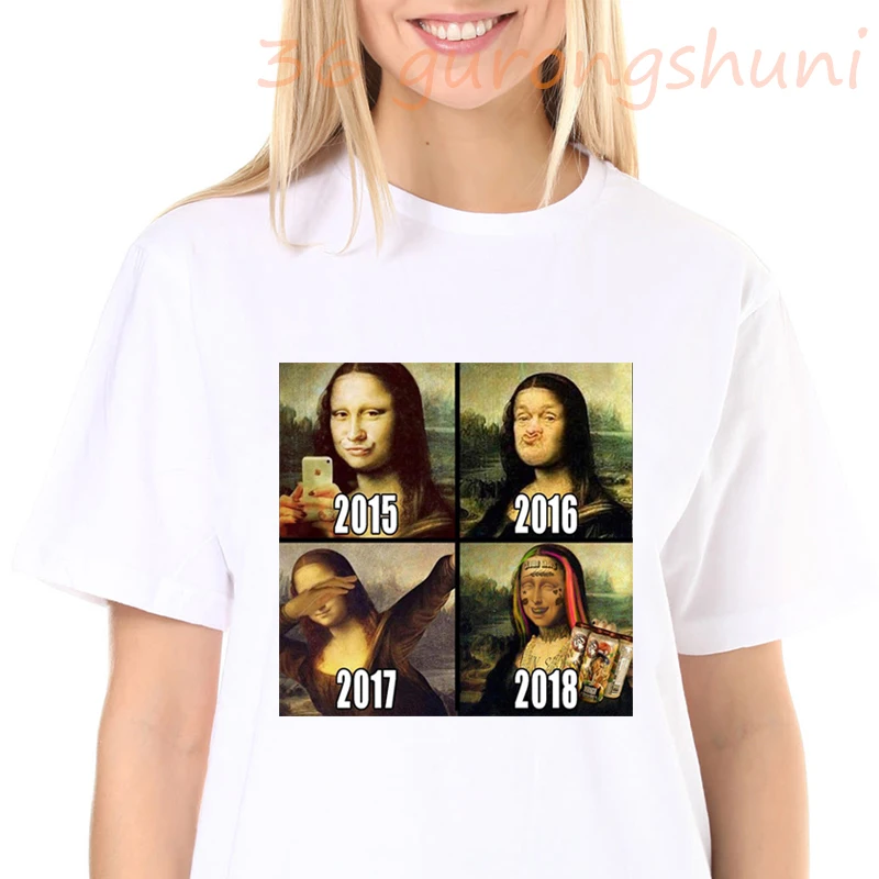 Женская футболка с принтом Моны Лизы белая коротким рукавом в стиле Харадзюку
