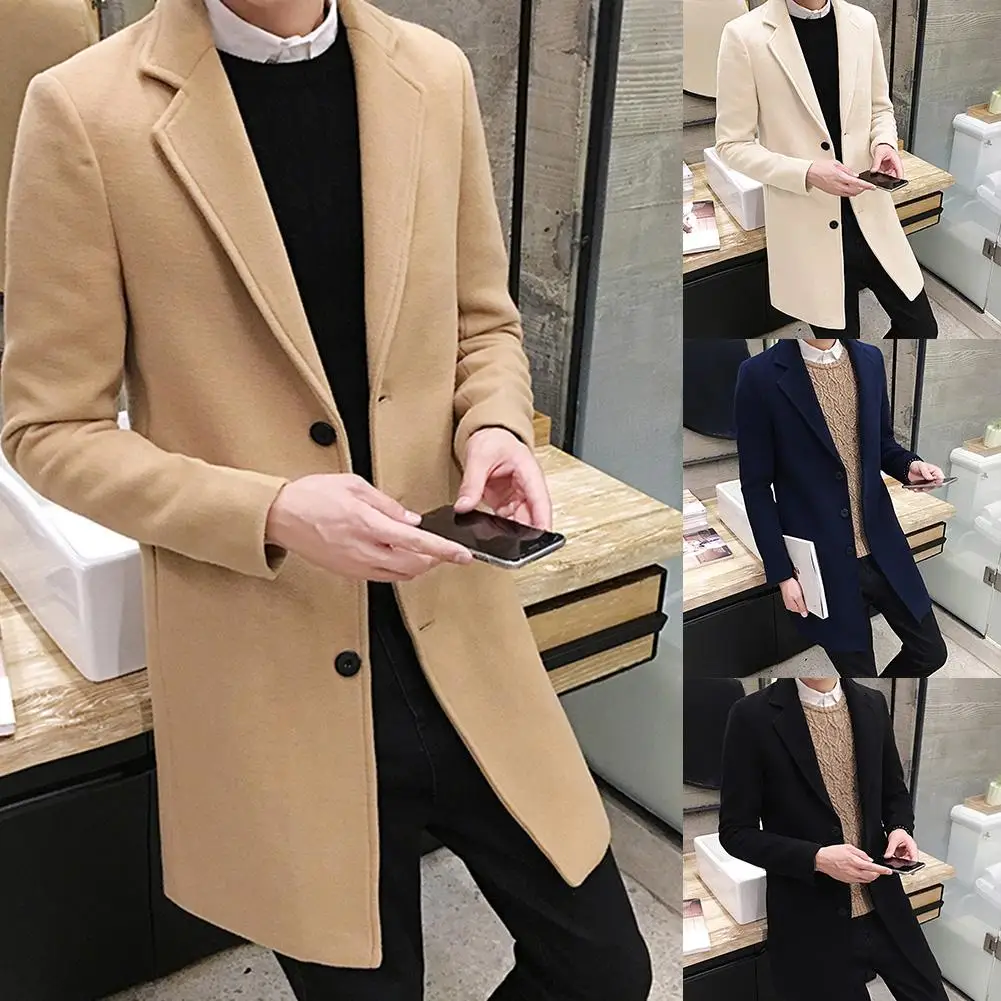 

Plus Size Men Solid Color Long Sleeve Lapel Collar Buttons Woolen Trench Coat collar coats Long cotton trench coat Streetwear