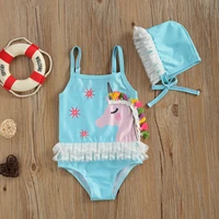 2021 swimsuit toddler girl cartoon printing two pieces swimsuit baby round collar sleeveless bodysuit lace decoration hat suit