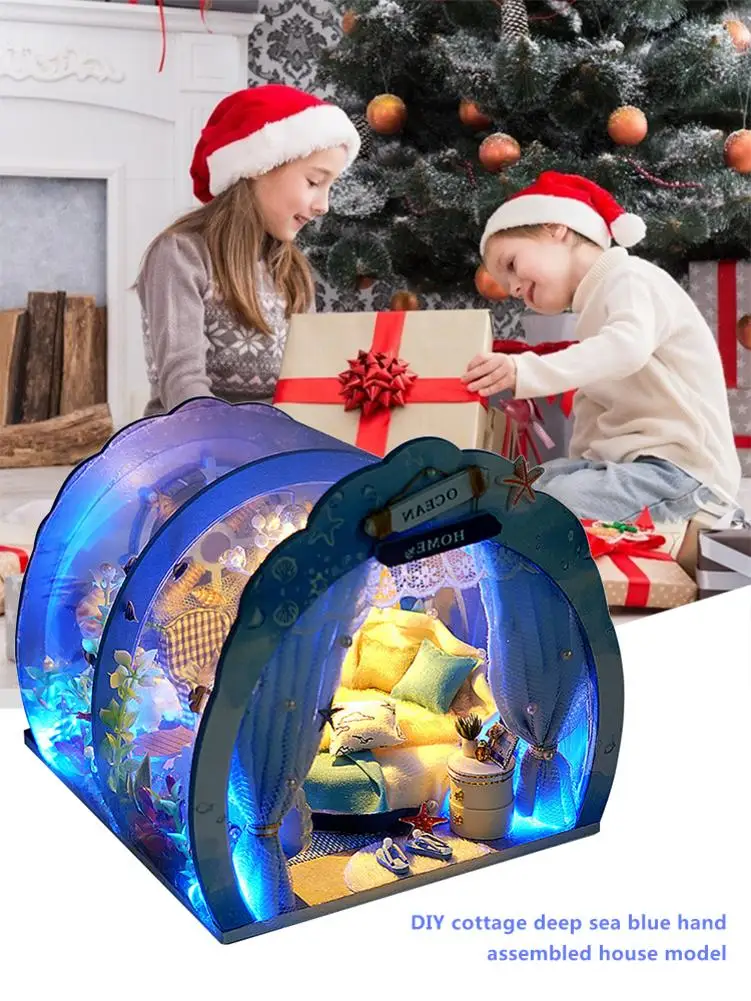 

DIY Children's Tent Deep Sea Blue Hand-assembled To Make House Model Portable Play House Mini Doll House With Furniture