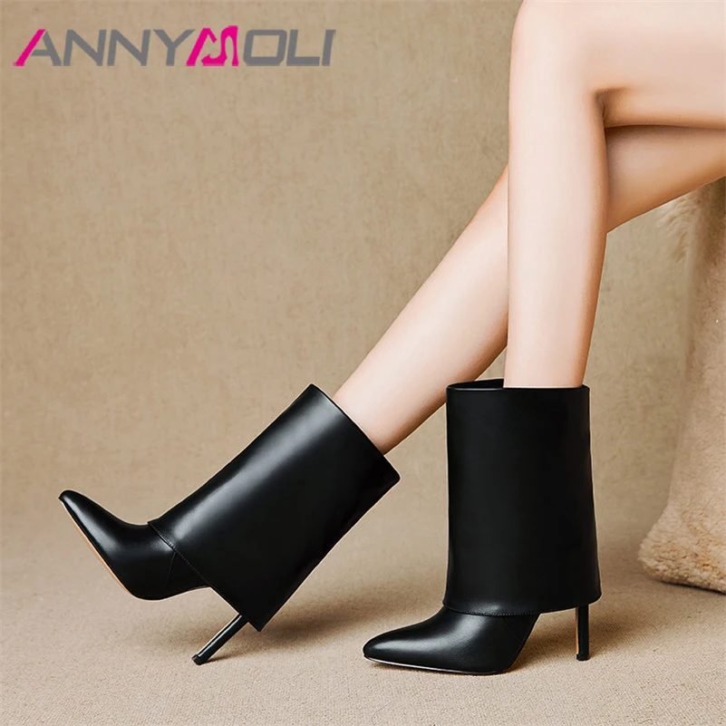 

ANNYMOLI Mid Calf Boots Women Extreme High Heel Shoes Pointed Toe Boots Stiletto Heel Female Boots Autumn Winter Black Size 43