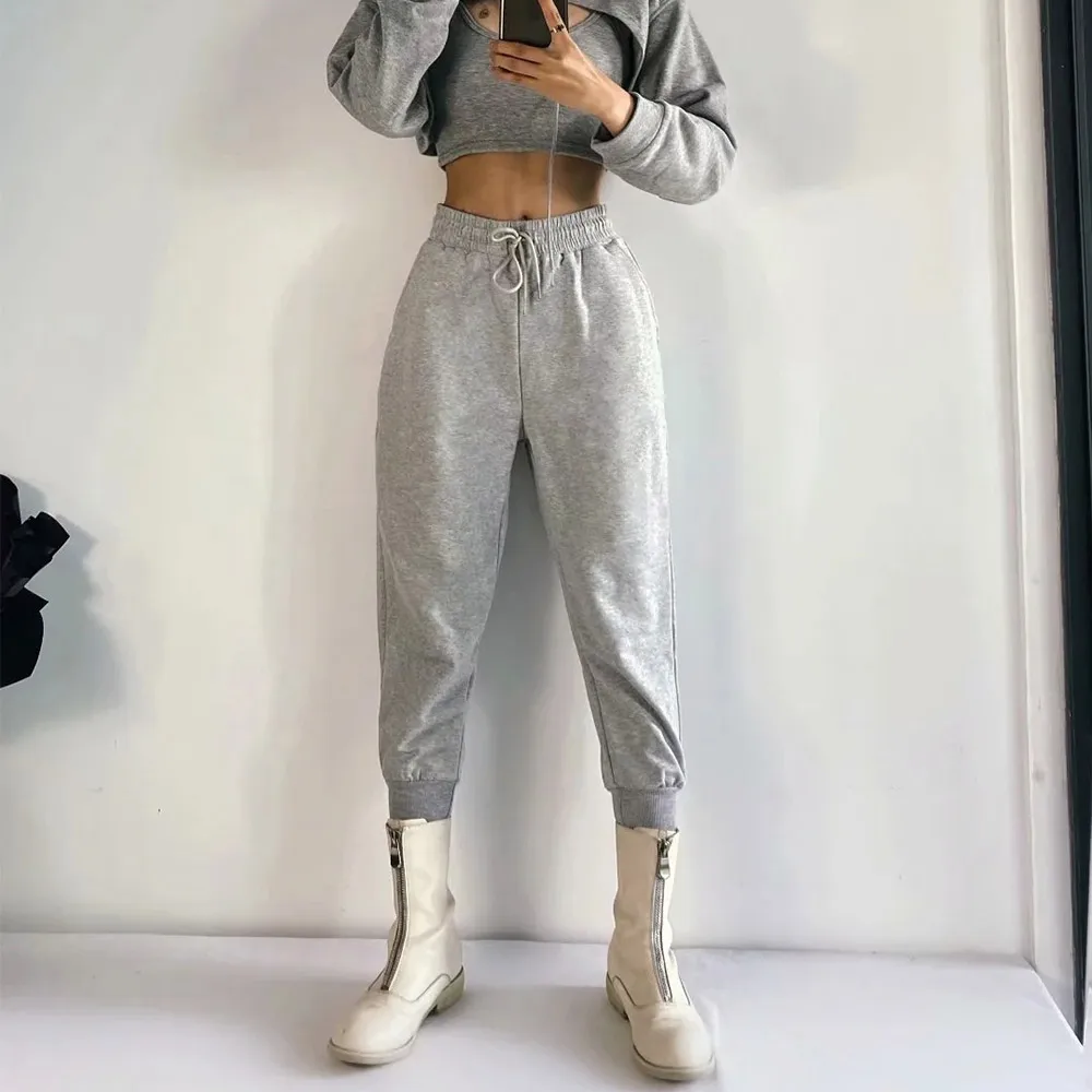 

Winter New Style Womens Fashion Vintage High Waist Sweatpants Casual Loose Pocket Lace up Trousers Jogger Mujer Streetwear 2020