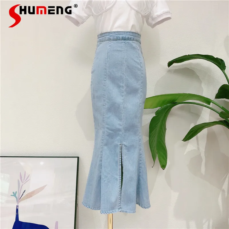 

2021 Spring Summer Female Denim Skirt Mid-Length New High Waist Slim Tight Ladies Fishtail Skirt Stretchy Split Hip Long Skirt