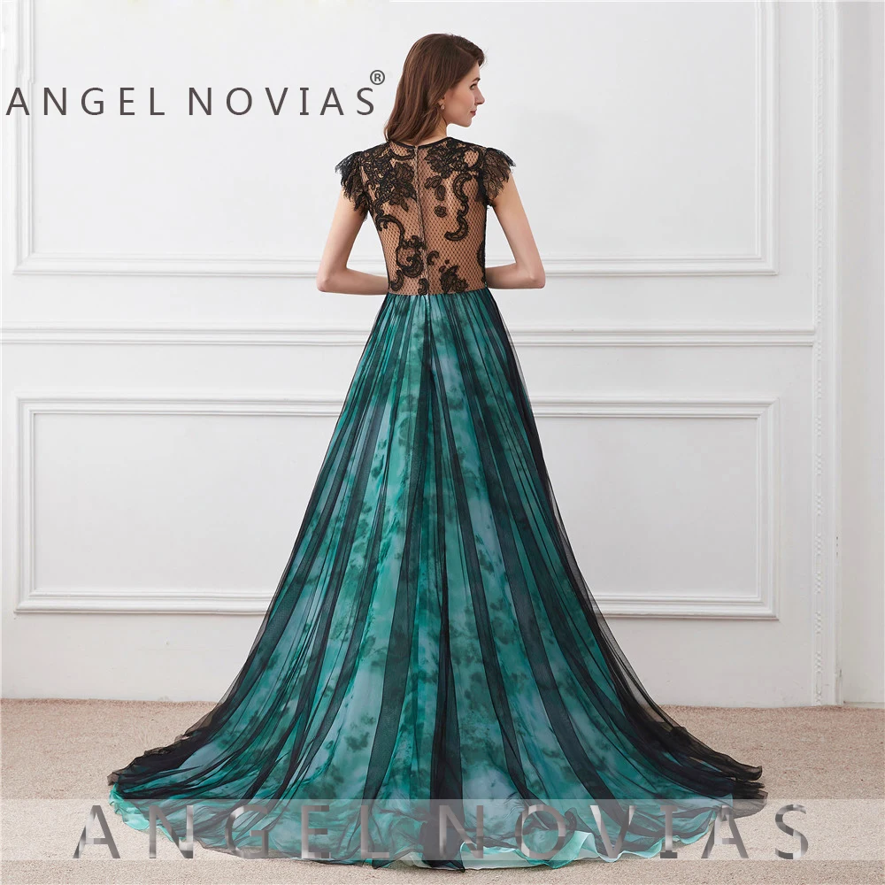 Женское длинное вечернее платье Angel Novias черно зеленое с прозрачной спинкой на