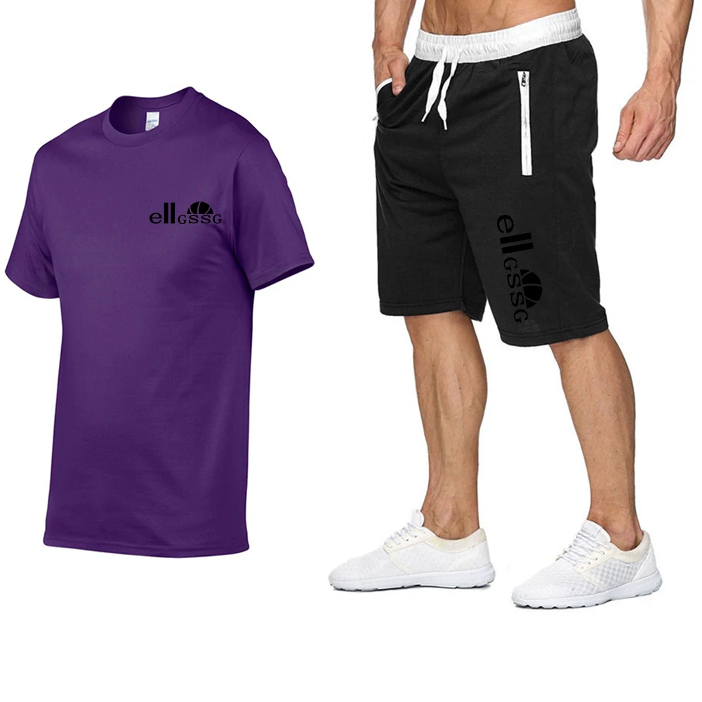 

2021 summer breathable short-sleeved T-shirt solid color printing tether zipper pocket shorts two-piece fashion streetwear