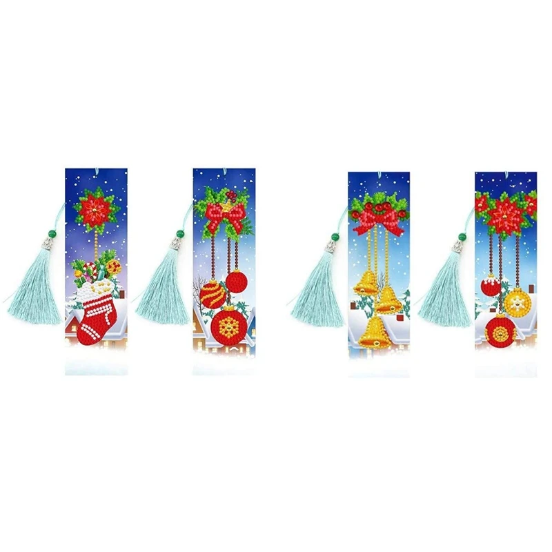 

4 Pcs Christmas Socks Bookmark DIY Diamond Painting Kit Leather Tassel Bookmark for Making Arts Crafts Students Adults