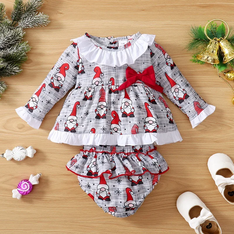 Long Sleeve Christmas Baby Dress Set Ruffle Toddler Girl Outfit Bow Princess Dress Santa Claus Print Bloomers Shorts Party Dress