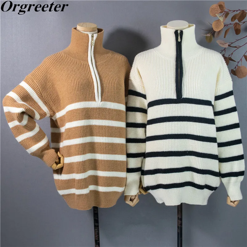 

Oversize Knitted Women's Clothing Women's Autumn Winter New Thick Warm Turtleneck Half-zip Retro Striped Pullover Sweater