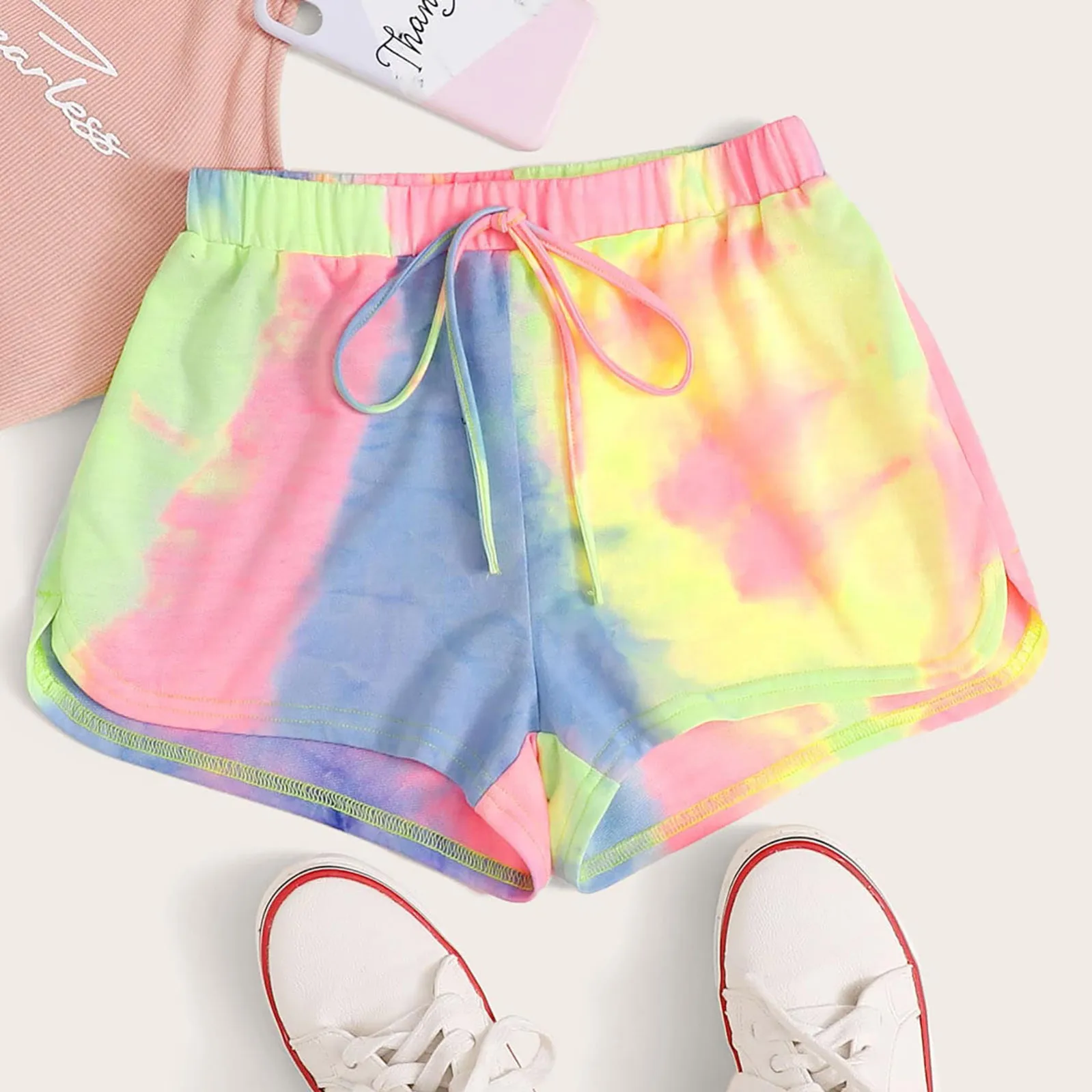 

Женские шорты для бега принт тай-дай свободные шорты со средней талией, летняя модная мужская майка на каждый день женские фитнес бег трусцо...