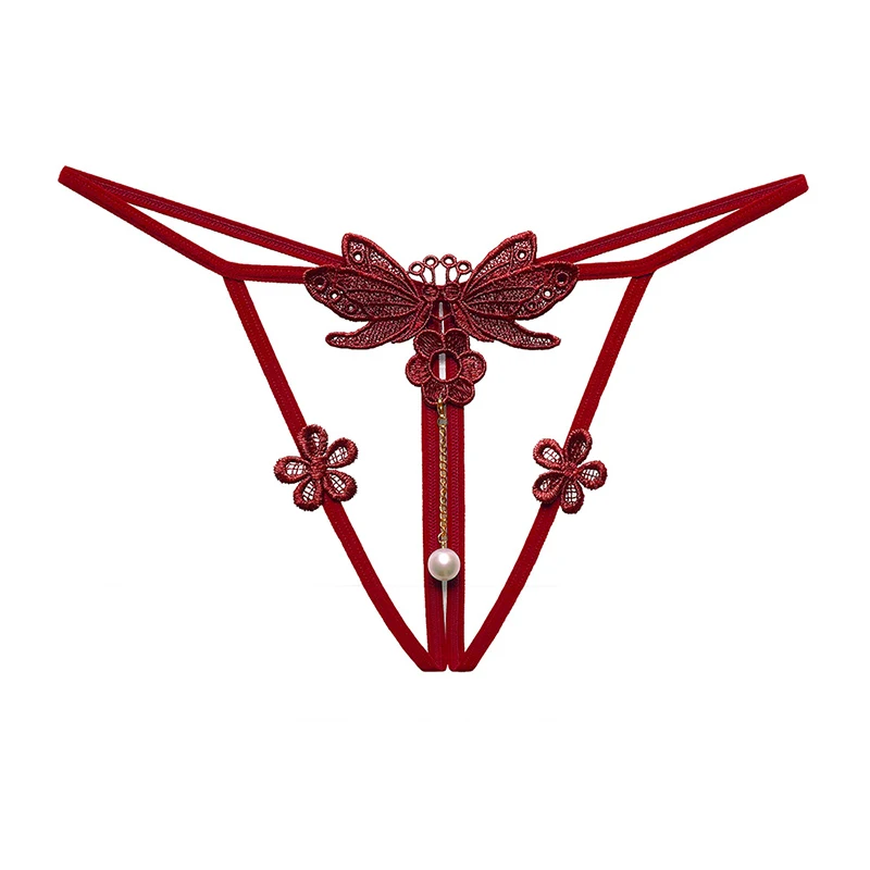 

New Tback Temptation Panties Women's Hollow Embroidery Thong Pearl Transparent Sexy T-Pants