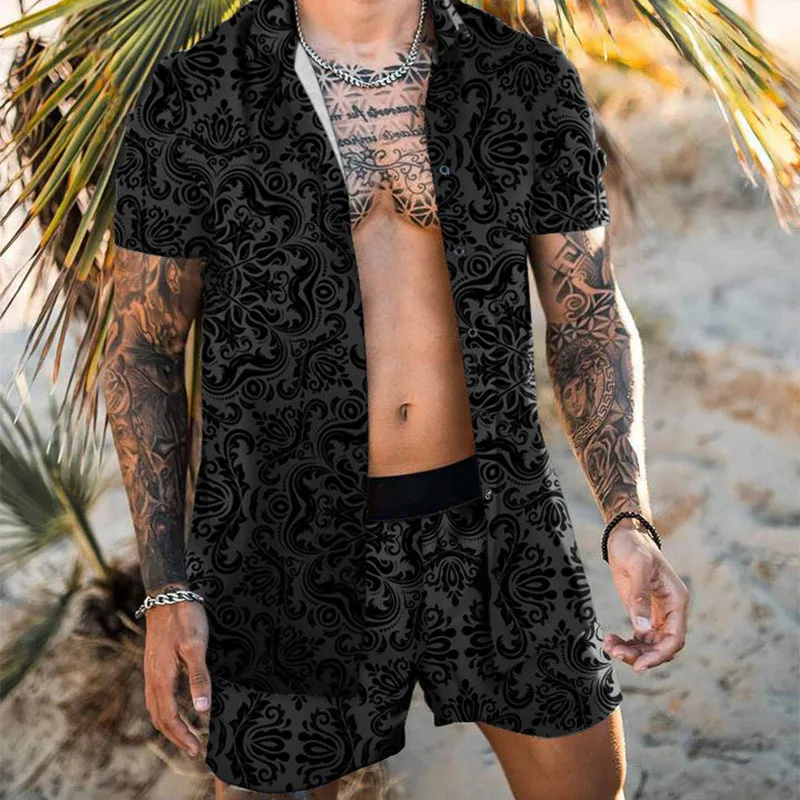 

Summer Men Print Sets Hawaiian Short Sleeve Casual Shirts Breathable Shorts Holiday Beach Men Suits 2 Pieces Streetwear S-3XL