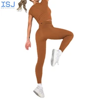 ladies tie leg slimming seamless knitted sexy sports vest and trousers suit fitness short sleeved yoga suit
