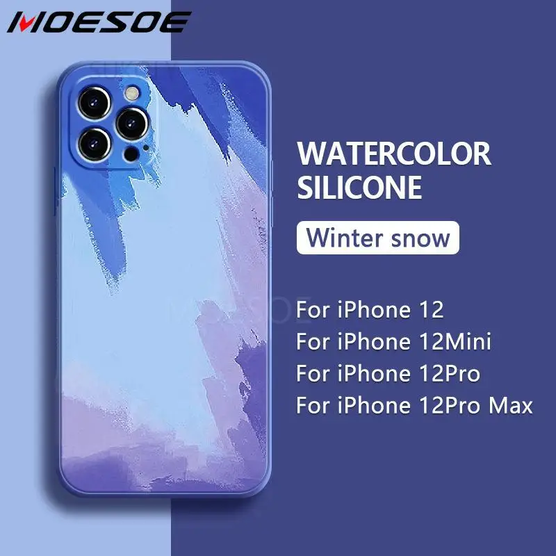 

For iPhone 12 Pro Max Case Original Watercolor Printed Liquid Silicone Case Lens Protection Cover iPhone 12 Case XR XS 8 7 Plus