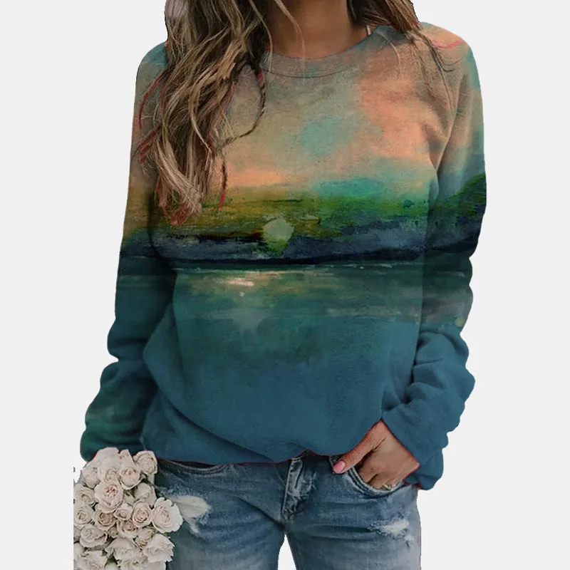 

Women's New Spring and Autumn Tops Round Neck Solid Color Printing Long-sleeved Tops Long-sleeved Casual Loose Pullover Sweater