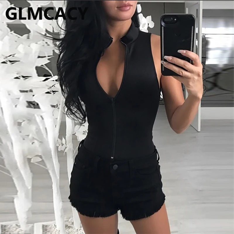 

Women Zipper Front Solid Sleeveless Rompers Bodysuit Plunge Sleeveless Sexy Solid Playsuit