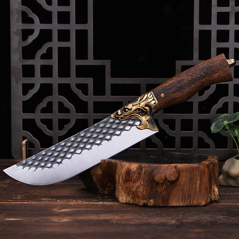 

8 Inch Very Sharp Barbecue Knife Handmade Forged Steel Longquan Kitchen Knife Copper Dragon Decor Camping Cleaver Hunting Knives