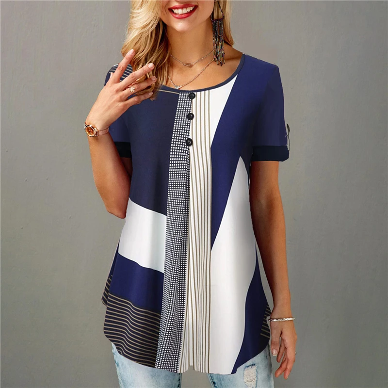 

Summer Casual Women Blouse Soft Loose O Neck Printed Short Sleeves Tops Summer Female Shirts