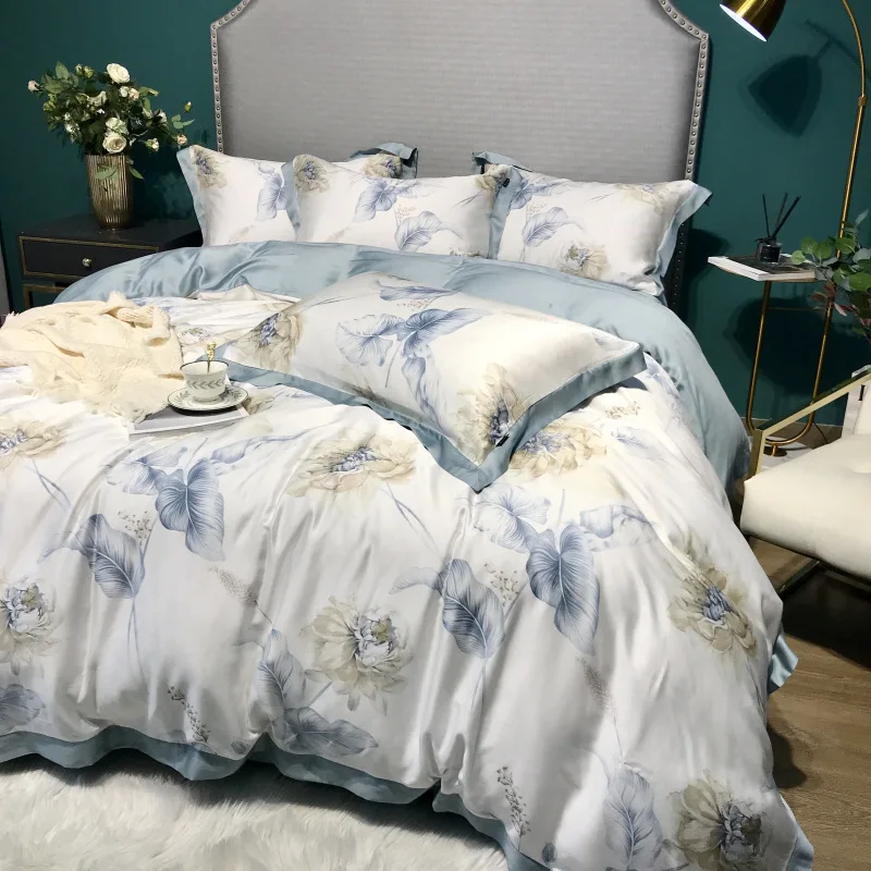 

Luxury Bedding Set Quilt Cover 4pcs Silk Satin Pastoral Style Summer Silky Floral Duvet Cover Bed Linens Pillowcase Bedspread