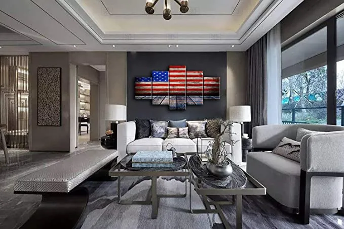 

5 Panel Large Vintage American Flag Canvas Print Art Black And White Red Home Decor Wall Art Independence Day Photo Living Room