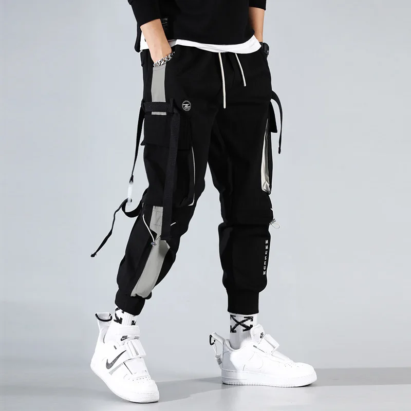 

Men Cargo Harem Jogger Pants Men Hip Hop Fashion Casual Track Trousers Streetwear Harajuku Hipster Ribbon Pockets Sweatpants Men