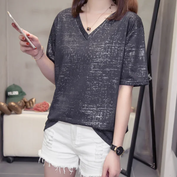 Женская футболка с V образным вырезом свободная коротким рукавом большие размеры