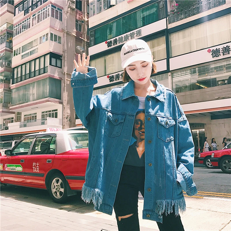 

Style Vintage Women Denim Jacket Coats Loose Tassel Asymmetric Jeans Coats Flash Patch Designs Cowboy Jackets Female HF200 s