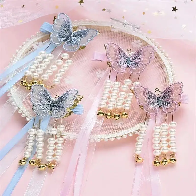 Пара украшенных жемчугом длинных детских боковых зажимов в китайском стиле |