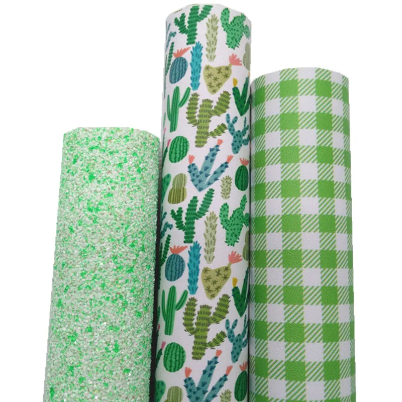 3PCS/SET Green Tartan Printed Glitter Vinyl Fabric Matching with Cactus Printed Faux Leather For Bows Earrings DIY 21X29CM Q175