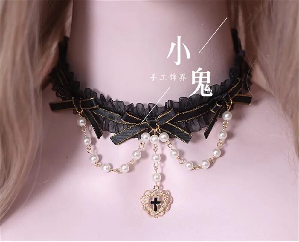 necklace 1 Винтаж Японский сладкий Лолита кружева кроссовер ремень лук головной убор горничной волос полоса горничной ежедневные аксессуары для волос повязки B443 - Цвет: necklace 1
