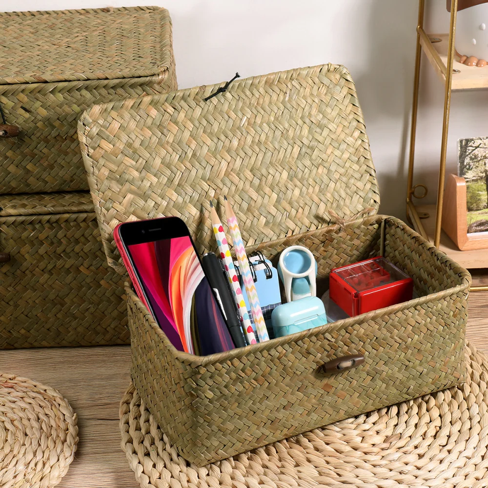 

3pcs Woven Baskets Lightweight New Seaweed Portable Desktop Organizer Storage Basket for Bedroom Home